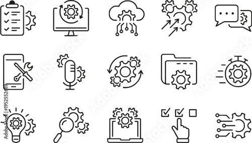 Operations and management icons: gears, checklist, cloud, settings, support, workflow