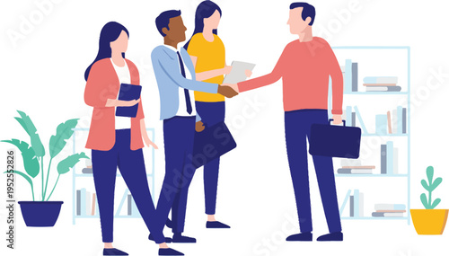 Diverse professionals shaking hands in modern office, partnership and agreement concept