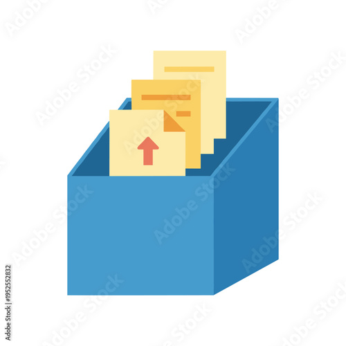 A blue box with papers coming out
