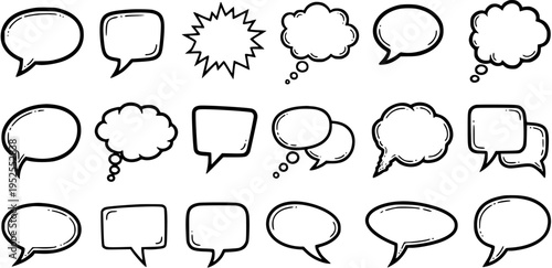 Black and White Line Art Speech Bubbles and Thought Clouds, Communication Icons