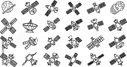 Hand-drawn Black  White Line Art Doodle Icons of Satellites and Space Technology Objects for Telecommunications and Astronomy