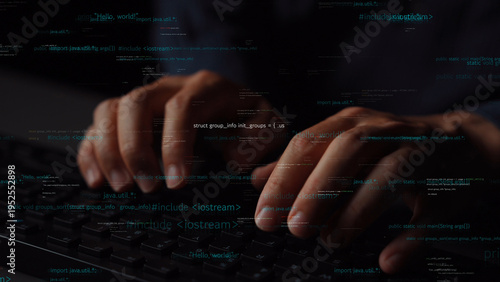 Bilde på lerret Close-up view of hands typing on a keyboard combined with code overlays, highlighting the world of programming and technology in a dark workspace setting