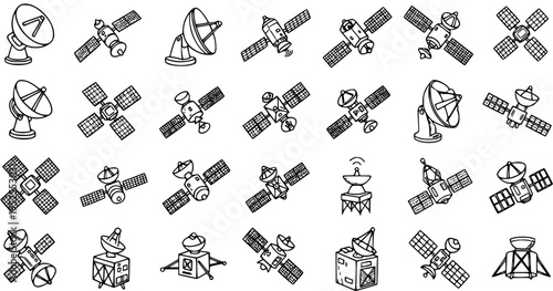 Technology and Space Satellites Black  White Line Art Vector Icon Set. Hand-Drawn Communication Dish and Spacecraft Doodles.