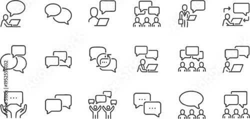 Communication and discussion icons: chat bubbles, collaboration, online meetings, team dialogue, messaging, feedback icons