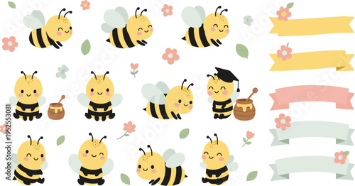 Cute bee cartoon collection with banners flowers honey jar kawaii insects decorative elements vector illustration set
