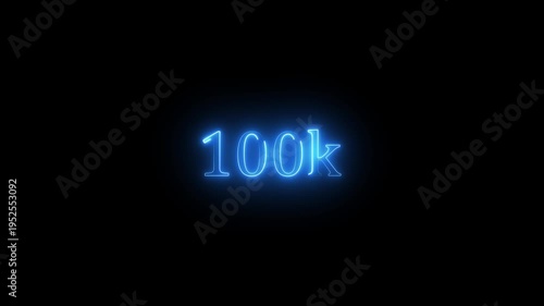 Glowing neon blue 100k text animation on black background. 100k Followers, 100k views, 100k subscribers.100k Celebrating our Community. Digital Milestone Number Design for Online Subscribers Achieve