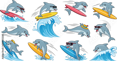 Cute dolphin surfing collection with waves surfboards summer ocean cartoon animals playful marine vector illustration set
