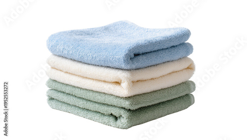 Tableau sur toile Isolated stack of neatly folded soft clean towels in pastel colors for bathroom