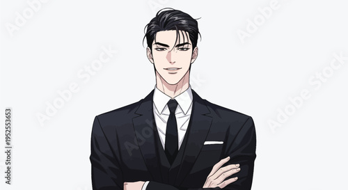Anime Businessman with Black Hair Wearing Suit and Tie Vector Illustration with Arms Crossed Smirking on White Background