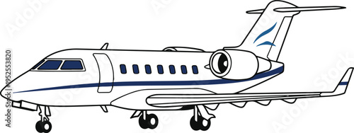 Flat vector illustration of a private jet airplane in a clean cartoon style, featuring detailed windows, engines, and landing gear, isolated on a light background, representing air travel, luxury tran