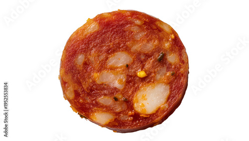 Billede på lærred Isolated round slice of spicy cured chorizo sausage, delicious Mediterranean foo