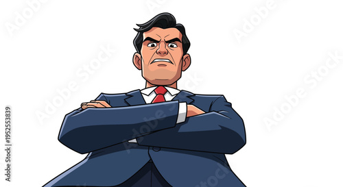 Cartoon Angry Businessman with Arms Crossed Vector Illustration Wearing Blue Suit and Red Tie with Aggressive Expression on White Background