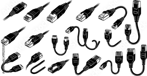 Black  White Line Art Set of Technology  Networking Connectors. Hand-drawn Outline Collection of Ethernet RJ45 and USB Cables, Plugs, and Adapters.