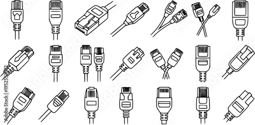 Black and White Line Art Icons of RJ45 Ethernet Connectors for Technology and Networking