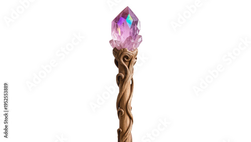 Foto Isolated fantasy magical staff with glowing purple amethyst crystal and intricat