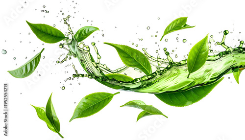 Fresh green tea leaves and water splash against black background, evoking refreshment