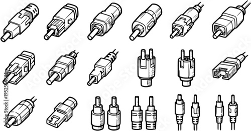 Technology  Electronics Connectors Black and White Line Art Set. Icons of Various Electrical Plugs, Jacks, and Adapters for Data, Audio, and Video Systems.