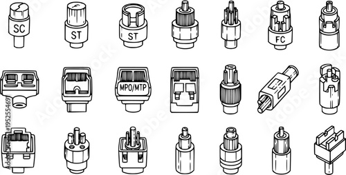 Technology and Telecommunications Connectors Line Art Icon Set: Fiber Optic, Network, and Electrical Plugs, Jacks, Adapters.