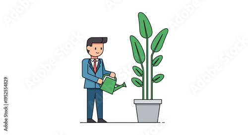 A cartoon businessman in a suit waters a tall potted plant with a green watering can, symbolizing growth and nurturing.