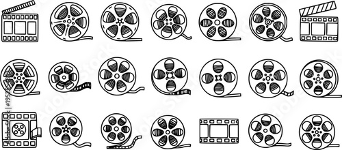 Film Industry Black and White Line Art Icons Set. Hand-drawn Movie Reels, Clapperboards, and Film Strips for Cinema and Entertainment Themes.
