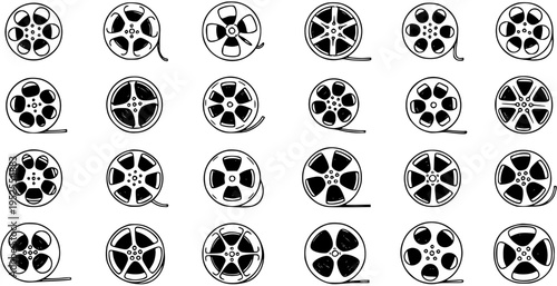 Film Reel Icons Set - Black and White Line Art Collection of Movie Spools for Cinema, Entertainment, and Media Industry Projects