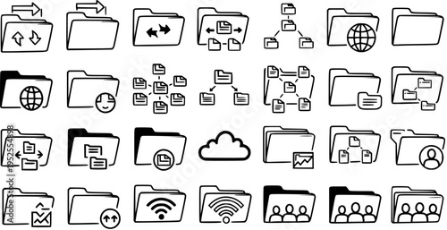 Hand-Drawn Technology Folder and File Icons Set - Black and White Outline Doodles for Data Management, Networking, and Business Concepts