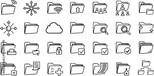 Technology Business Folder and Data Management Icons Set in Black and White Doodle Line Art Style for Digital Files, Network, Cloud and User Operations