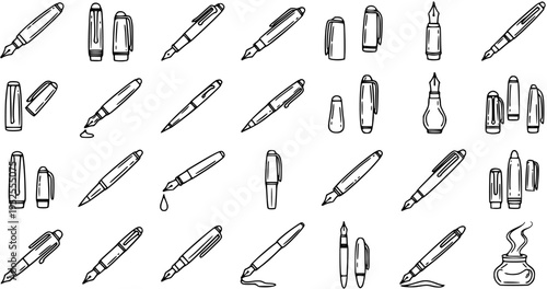 Hand-Drawn Black and White Line Art Doodle Illustration Seamless Pattern of Fountain Pens and Ink Bottles for Writing, Education, and Office Themes