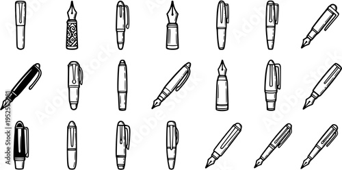 Hand-drawn Black and White Line Art Pens and Fountain Pens Vector Collection for Education, Office, and Writing Stationery. Doodle Icons Set.