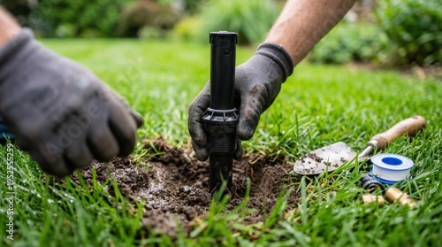 Man installing lawn sprinkler head in garden. Gardener working on irrigation system maintenance. Landscape repair and DIY home improvement project for residential backyard green grass lawn.