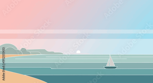 Serene seascape with sailboat at sunset.