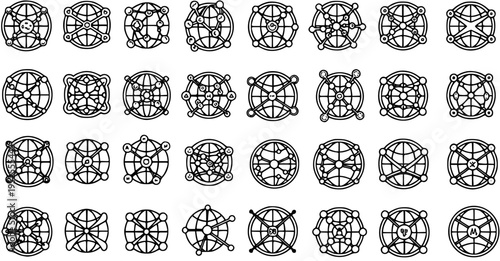 Black and White Line Art Icons of Abstract Globe Network Connections and Digital Data Flow