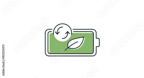 Green Eco Friendly Rechargeable Battery Icon with Leaf and Recycle Symbol Vector Illustration