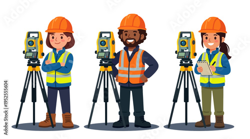 Team of professional land surveyors in safety gear working with geodetic instruments. Diverse engineering and construction crew engaged in precise outdoor measurement and mapping tasks