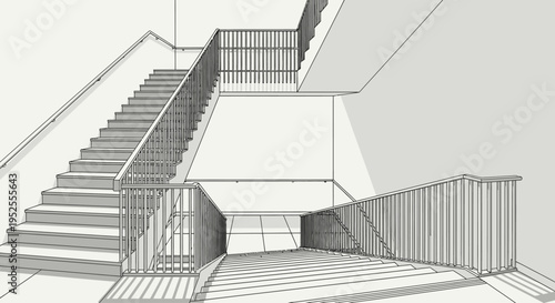 A 3D rendering of a staircase with railings and balustrades.