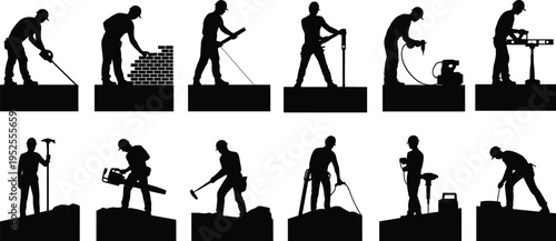 Construction workers silhouettes vector set, builders using tools drilling cutting hammering on site, industrial labor activities collection, black worker icons illustration isolated