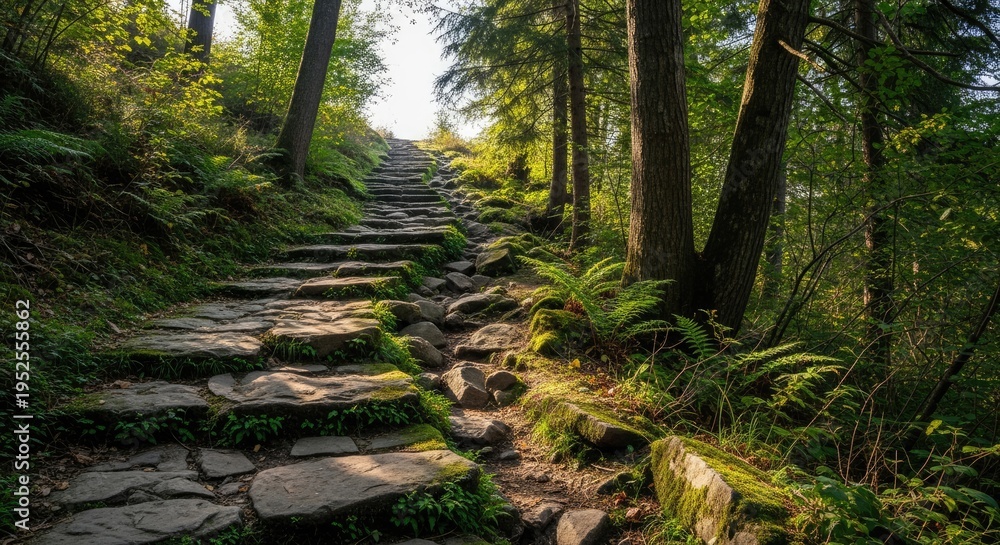 Fototapeta premium Stone Steps Leading Through Lush Forest.