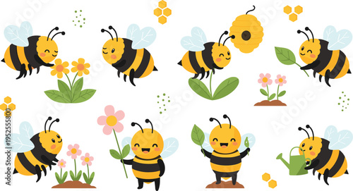Cute bee cartoon collection with flowers honeycomb watering can garden scenes kawaii insects vector illustration set