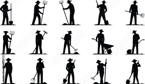 Farmer silhouettes with tools, agriculture and gardening activities, rural workers digging and raking soil, farming labor set vector illustration collection