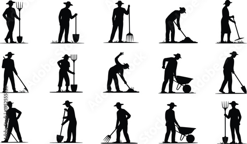Farmer silhouettes set with tools, gardening and agriculture work activities, rural workers digging and planting, farming labor vector illustration collection