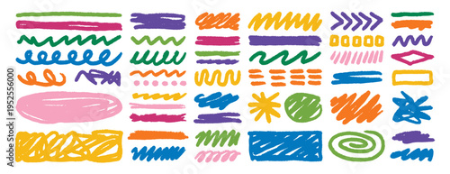 Hand drawn wax crayon doodle strokes colorful sketch art set