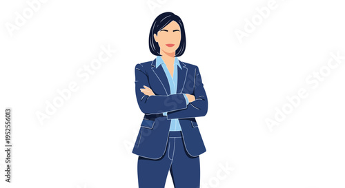 A confident, stylized illustration of a professional woman with a bob haircut, dressed in a blue suit, standing with her arms crossed and a gentle smile.