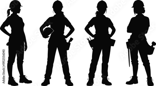 Female construction worker silhouettes with helmet and tools, women in industrial professions poses set, engineering workforce vector illustration, empowerment equality concept, skilled labor theme