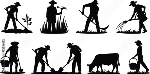 Farmers silhouette set with agricultural activities, rural farming workers digging planting watering harvesting with tools, countryside lifestyle vector illustration isolated on white background