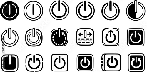Set of 15 Black and White Power Button Icons, Technology Symbol, Line Art and Glyph Style
