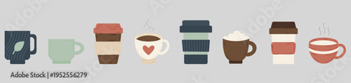 Modern flat vector set of various coffee mugs and takeaway cups. Great for cafe website banners, social media headers, and restaurant menu design.