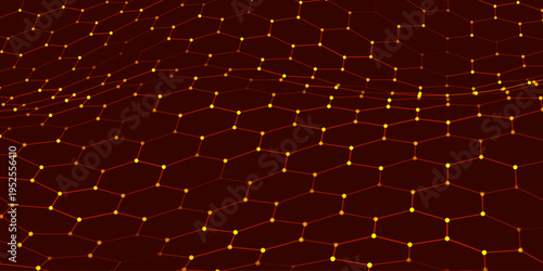 A vibrant hexagonal grid gently curves like a living digital fabric. A futuristic hexagonal background. Glowing nodes are connected by lines, forming a honeycomb structure.