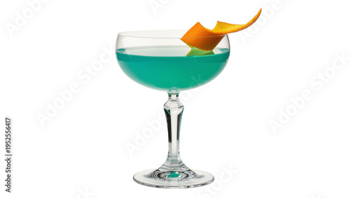 Fotografie Isolated vibrant teal cocktail in an elegant coupe glass with a zesty orange pee
