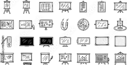 Business and Education Presentation Tools Icons Set in Hand-drawn Black  White Line Art Doodle Style
