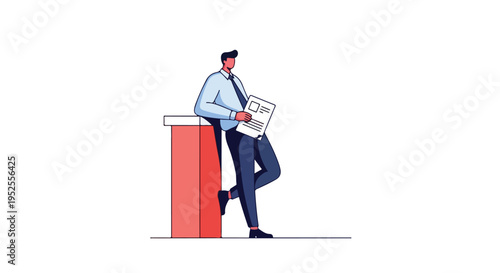 A stylish businessman in a blue shirt and dark pants leans casually against a red pedestal, holding a document, depicted in a modern vector art style.